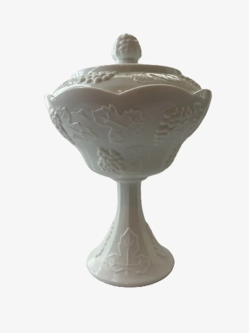 Vintage Indiana Glass Harvest Grape Milk Glass Covered Pedestal Compote